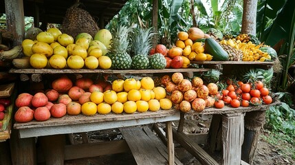 Organic fruits and vegetables on display at an outdoor market.