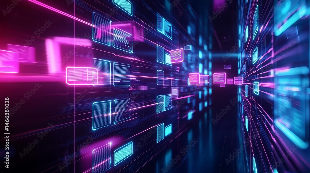 Poster digital asset management and storage concept. vibrant digital data stream with neon lines and glowin