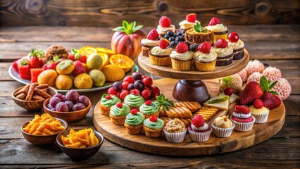 Colorful dessert table with various snacks displayed on a wooden platter, spread, dessert table,  spread
