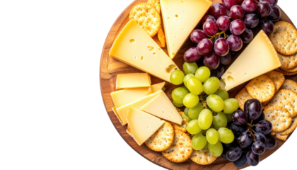 Rustic wooden platter showcasing an assortment of fine cheeses and fresh grapes