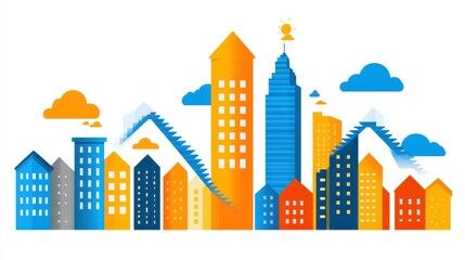 Fototapeta premium Vibrant city skyline illustration with modern buildings and clouds against a clean backdrop evoking urban sophistication