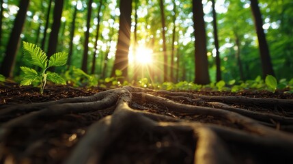 the sun shines through the trees and roots of a forest