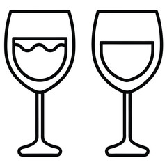 Two wine glasses with liquid inside are shown in black outline on white