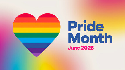 Graphic design, banner with rainbow heart and text “Pride Month, June 2025” on gradient rainbow background. LGBT and gender diversity symbolism.