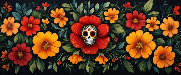 Vibrant floral arrangement with a sugar skull