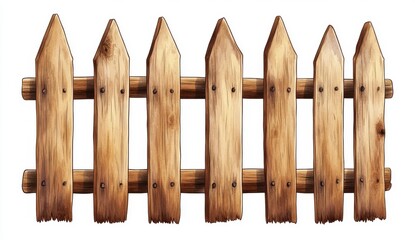 Rustic Weathered Brown Wooden Fence with Pointed Pickets on White