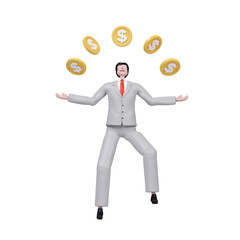 Business success through financial growth represented by a character celebrating while juggling coins. 3D render illustration
