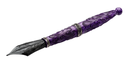 Purple Swirl Fountain Pen, Silver Banding, Ornate Nib, cut out transparent