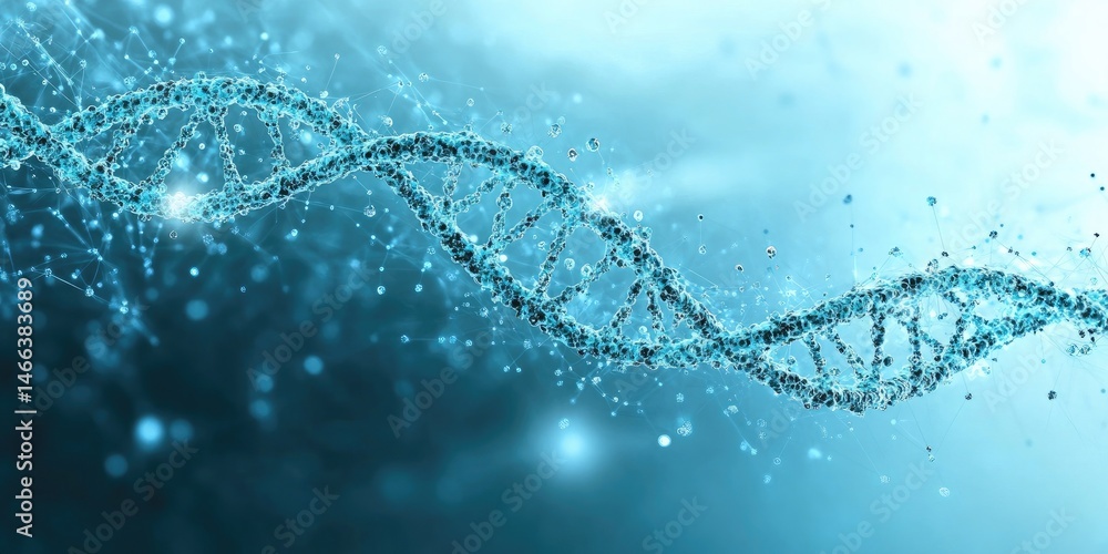 Poster detailed rendering showcases a blue dna double helix structure with connected nodes on a blurred bac
