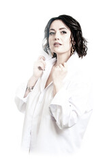 Portrait of a woman with dark hair, dressed in a white shirt, done in a high key.