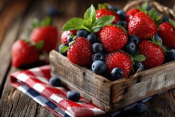 Berry Bounty: A wooden crate overflowing with ripe, juicy strawberries and blueberries, accented by sprigs of mint, rests on a rustic wooden surface, set against a backdrop of a checkered cloth.