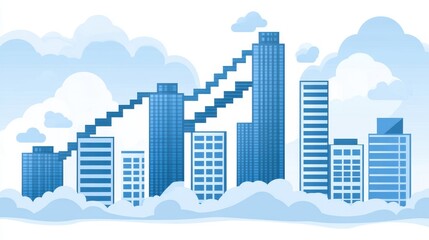 Obraz premium Modern Cityscape Vector Illustration with Skyscrapers and Cloudscape Depicting Urban Development and Business Growth with a Positive Trend