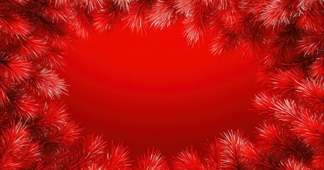 Red Christmas frame with fir branches.  Detailed fir needles form an oval frame around a vibrant red background