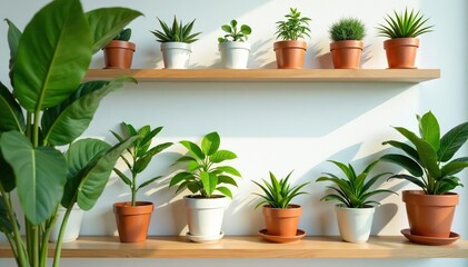 Variety of potted plants arranged on shelves in a bright space , bright room, sunlight