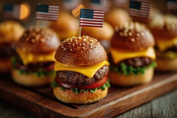 American Sliders: Delicious mini-burgers, garnished with a patriotic flag, sit invitingly on a wooden board, embodying the spirit of a festive American meal.