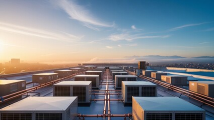 Fototapeta premium Air conditioning (HVAC) systems are installed on the roofs of industrial buildings, designed to regulate temperature and air quality efficiently