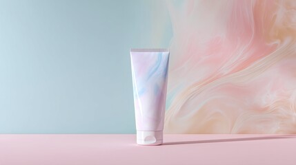 a bottle of skin care product with a transparent body and a frosted base that holds the contents, against an abstract background t