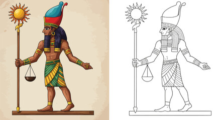 Ancient Egyptian Deity: A stylized illustration of an Ancient Egyptian deity, depicted in profile holding a staff and scales, wearing traditional attire and a regal headdress.