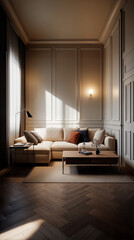 A sophisticated living room with a beige sectional sofa, accent pillows, a coffee table, and a floor lamp. The room features high ceilings, paneled walls, and herringbone wood flooring.
