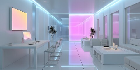 A white room with a neon green wall and a neon pink wall. There is a computer desk with a monitor and a keyboard. A potted plant is on the desk. There are two chairs and a couch in the room