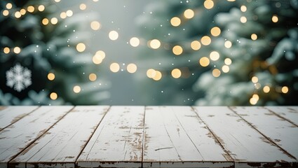 A white wooden table sits vacant, set against a blurred backdrop of a winter holiday scene