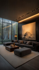 A sophisticated living room featuring a large sectional sofa, a plush ottoman, a wooden coffee table with candles, and a striking abstract painting. Floor-to-ceiling windows offer a serene garden view