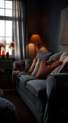 A cozy living room featuring a grey sofa adorned with colorful pillows, a lit lamp casting a warm glow, and a window with sheer curtains letting in soft natural light.