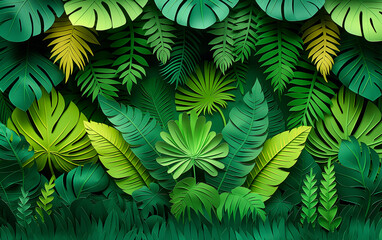 Artistic Paper Cut Lush Tropical Jungle with Large Leaves