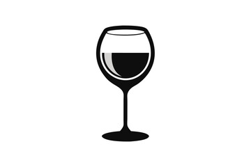 A simple black and white illustration of a glass half full with wine