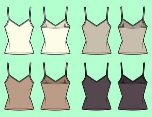 V neck camisole tops bundle colour set technical drawing fashion flat sketch vector illustration template front and back views outline CAD mockup