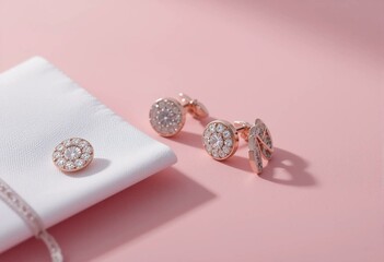 Sparkly rose gold gemstones and diamonds on a blush pink background, elegant luxury accessories.
