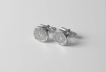 Polished silver earrings with intricate geometric pattern, minimalist industrial design.
