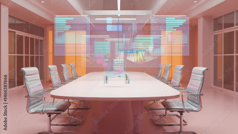 Poster a modern conference room with sleek chairs and a futuristic digital screen displaying graphs and dat