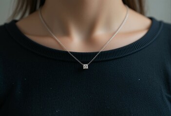 Close-up portrait of a woman in black top with silver pendant, cinematic lighting, 8K detail.
