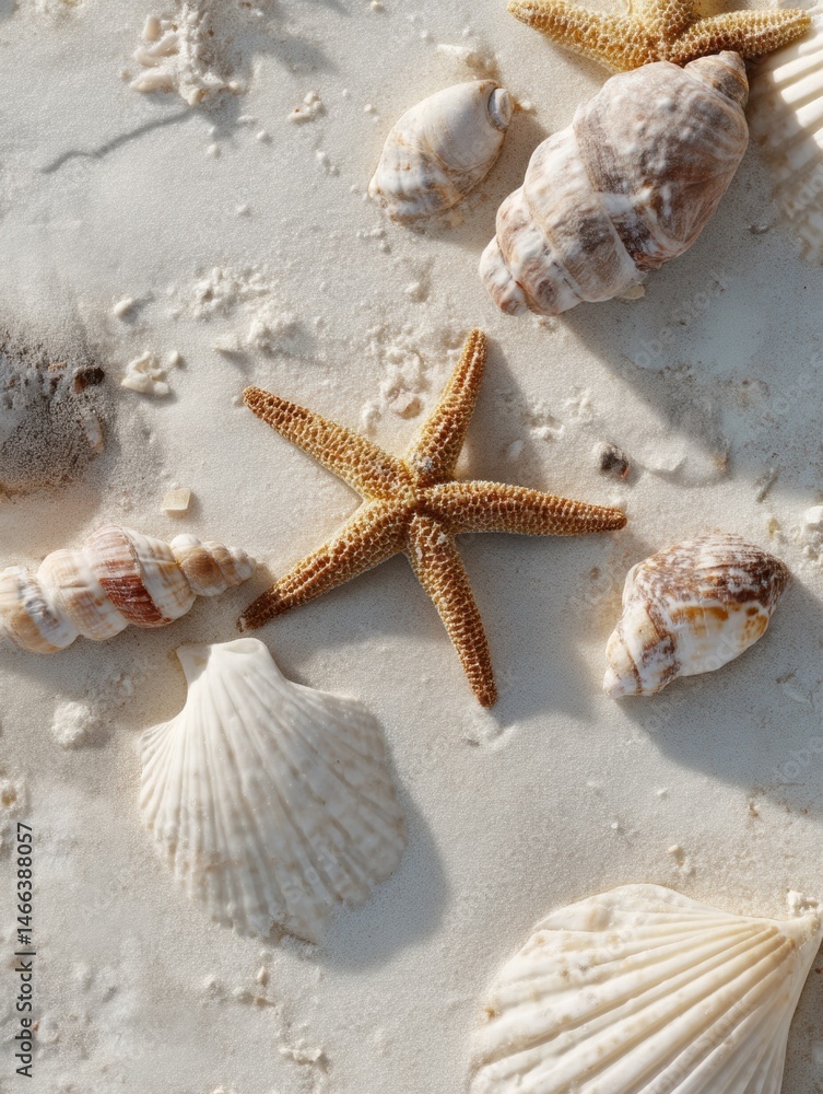 Poster seashells and starfish scattered on pale beach sand create a tranquil coastal scene with natures del