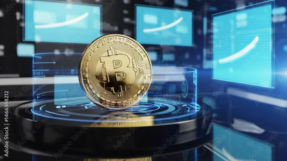 Poster a golden bitcoin stands upright on a futuristic digital platform with a glowing blue interface in a 