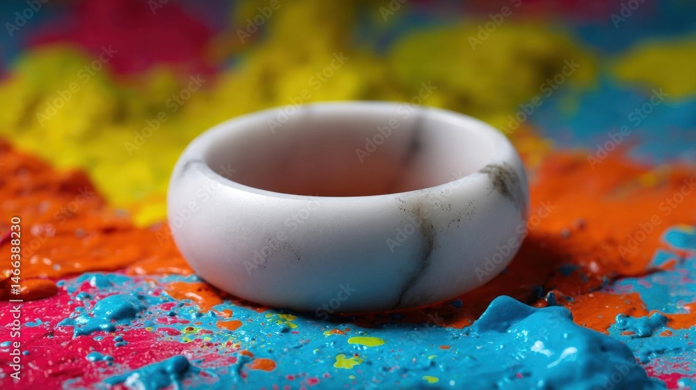 Aufkleber small white ceramic bowl lying on a colorful surface covered in paint splatters. the bowl appears to
