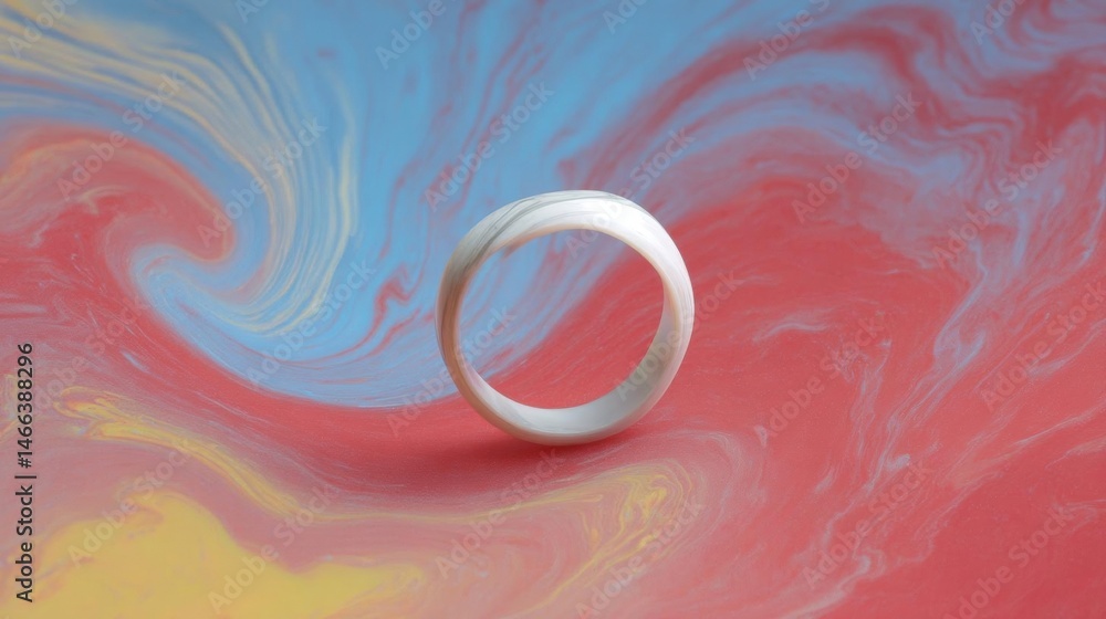 Poster close-up of a white ring on a colorful abstract background. the ring is in the center of the image a