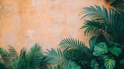 Palm leaves and ferns on a muted, soft wall.