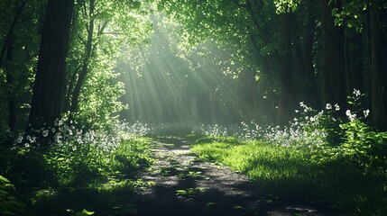 Obraz premium Sunlit path through green forest with glowing rays.