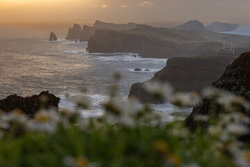 Beautiful view at sunrise of Alice Rock, Madeira, Portugal. 