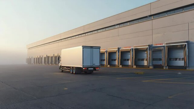 A white delivery truck is reversing toward a loading dock at a large, modern warehouse facility in the early morning light.
