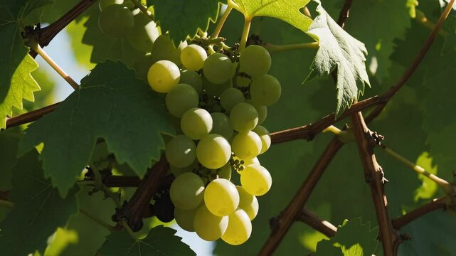 White Grapes Close-up God Rays Golden Hour Sunlight Vine Ripe Winemaking Vineyard. White wine
