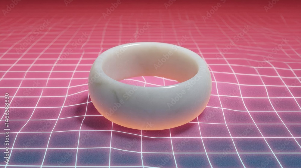 Poster 3d rendering of a white ring on a pink grid background. the ring appears to be made of a smooth, glo