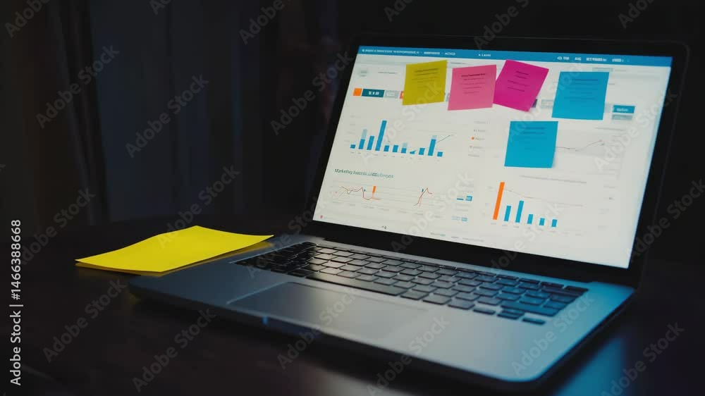 Poster a laptop displays business analytics charts with colorful sticky notes attached to the screen, sugge