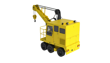 Yellow crane truck in action, lifting and handling equipment at a busy construction site