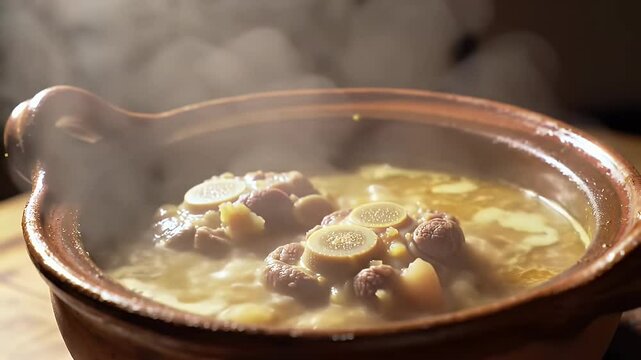 Hearty Oxtail Stew Simmering in Clay Pot with Steaming Broth and Rustic Charm