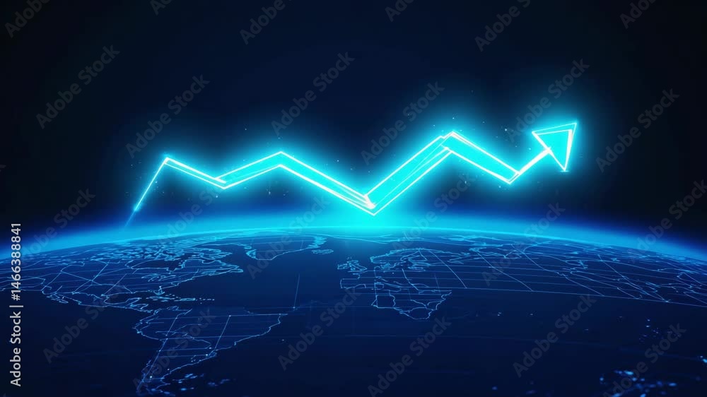 Poster a glowing upward arrow graph rises above a digital representation of the world, symbolizing global g