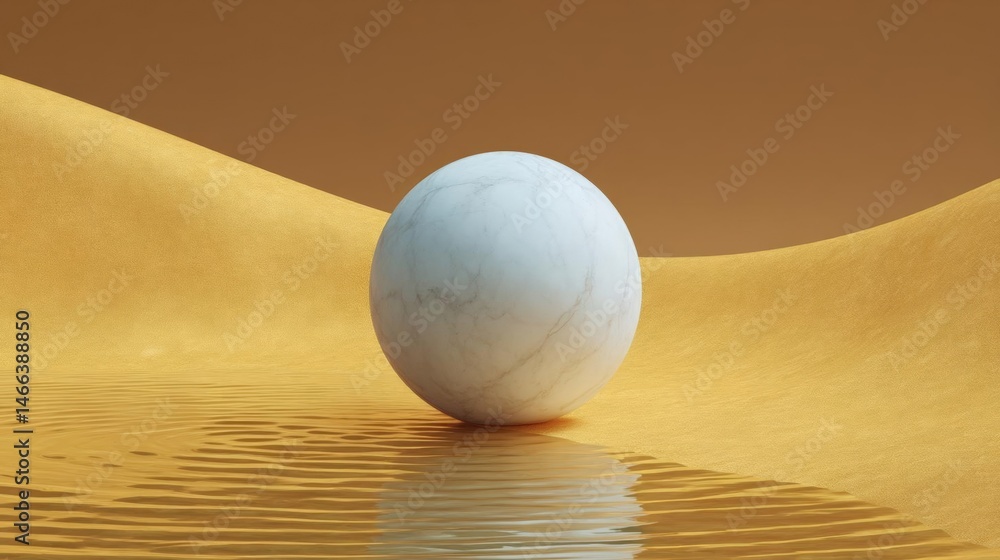 Poster 3d rendering of a white sphere in the middle of a desert-like landscape. the sphere is spherical and