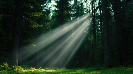 Obraz premium sunbeams shining through the trees in a forest